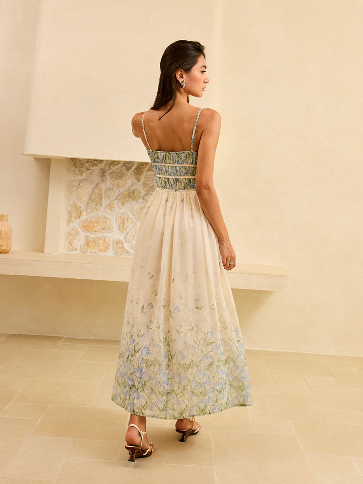 Robe Longue à Volants et Imprimé Floral Semi-Transparente