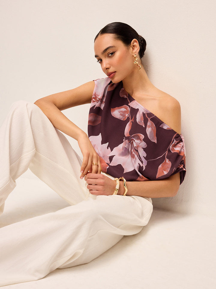 Blouse Ceinture Fleurie à Une Épaule