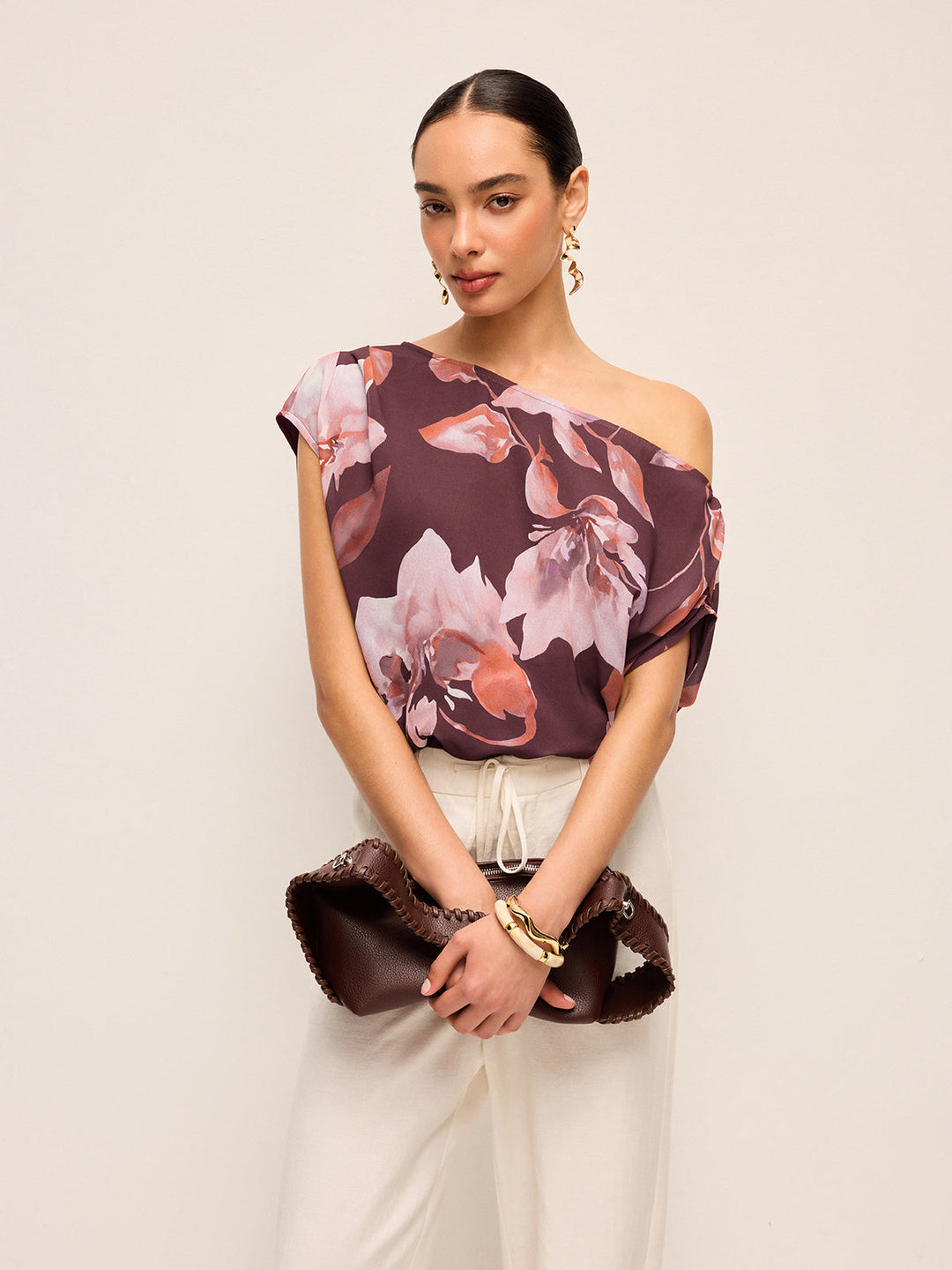 Blouse Ceinture Fleurie à Une Épaule