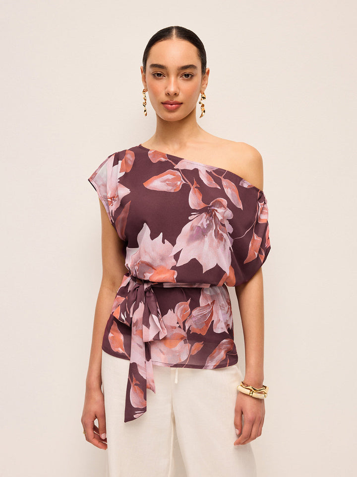 Blouse Ceinture Fleurie à Une Épaule