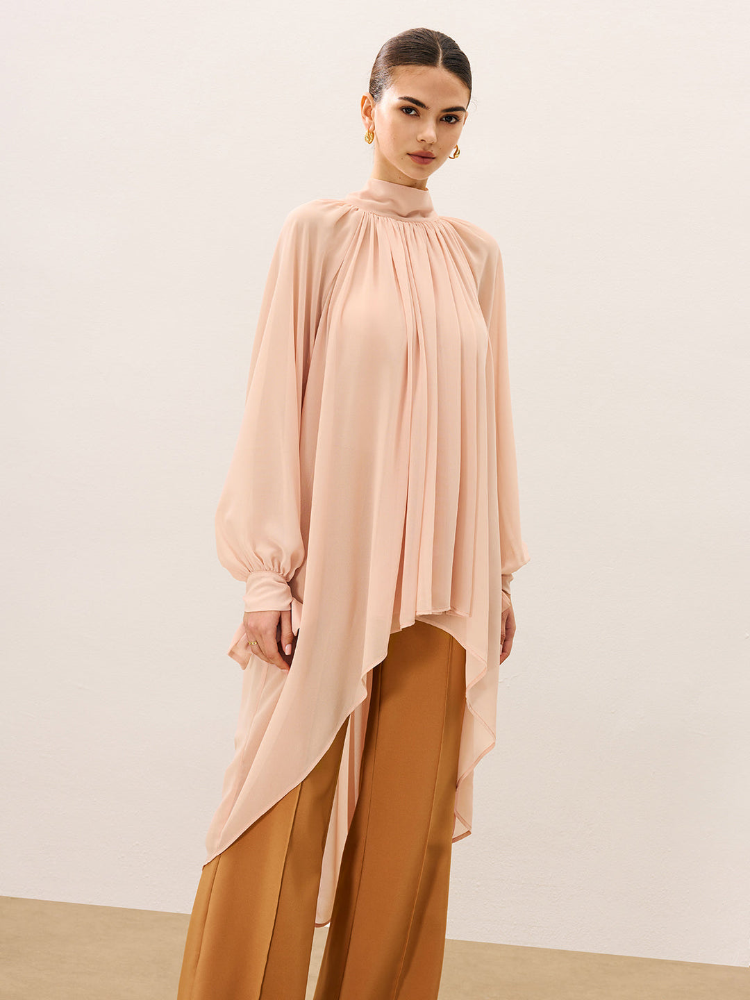 Blouse Ample Transparente Mi-Transparente en Mousseline Volantsée