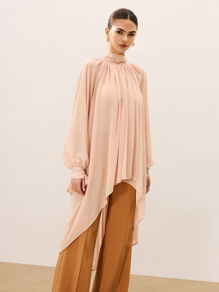 Blouse Ample Transparente Mi-Transparente en Mousseline Volantsée