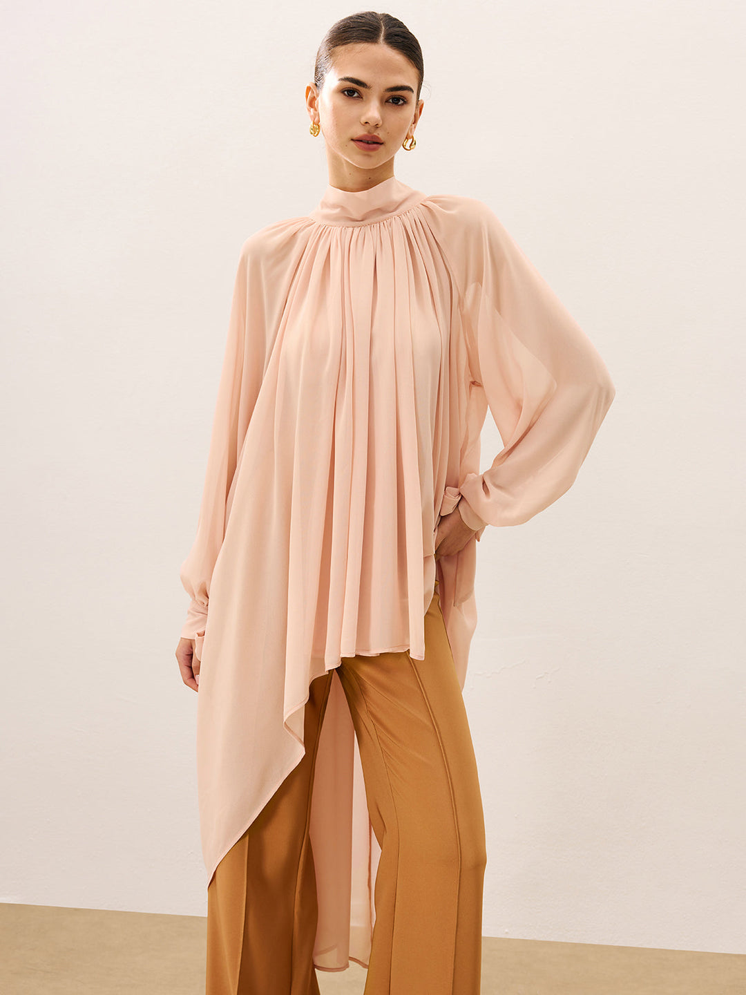 Blouse Ample Transparente Mi-Transparente en Mousseline Volantsée