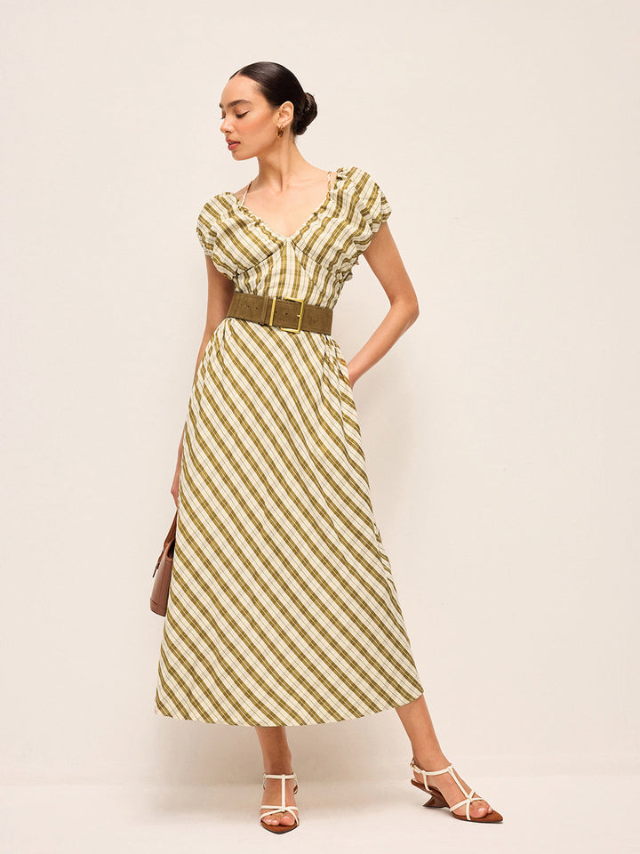 Robe à carreaux à manches bouffantes et col en cœur sans ceinture