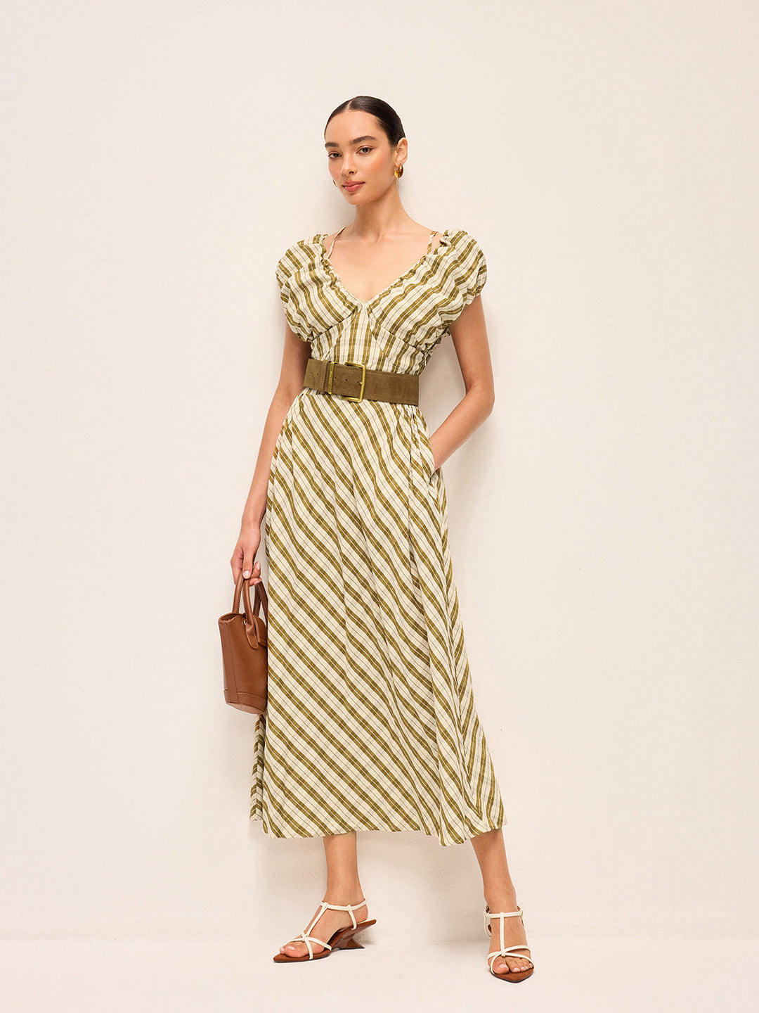 Robe à carreaux à manches bouffantes et col en cœur sans ceinture