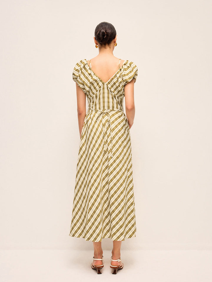 Robe à carreaux à manches bouffantes et col en cœur sans ceinture