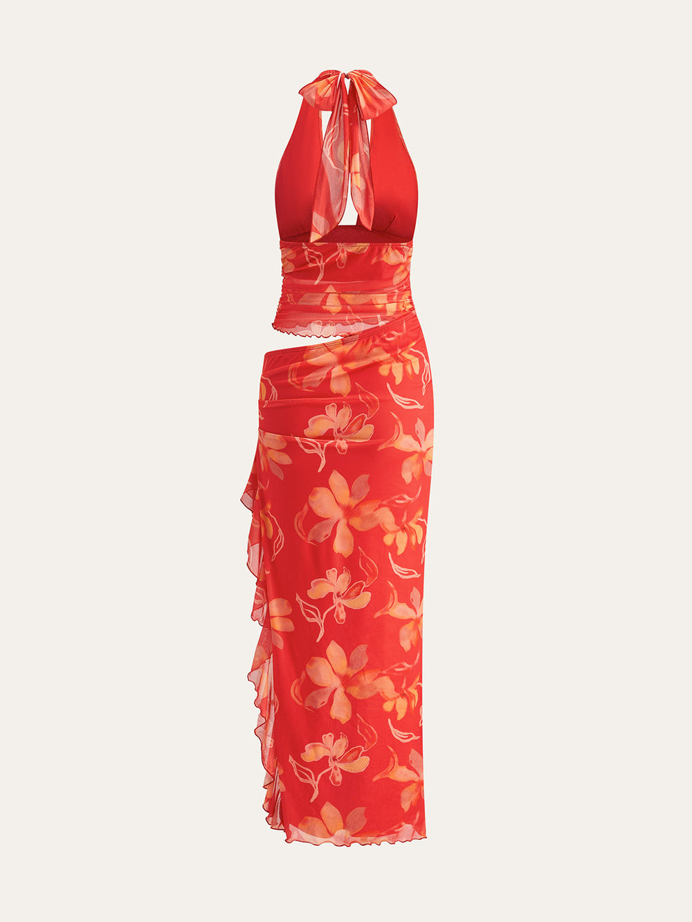 Robe Longue à Volants Semi-Transparente à Fleurs et à Bretelles