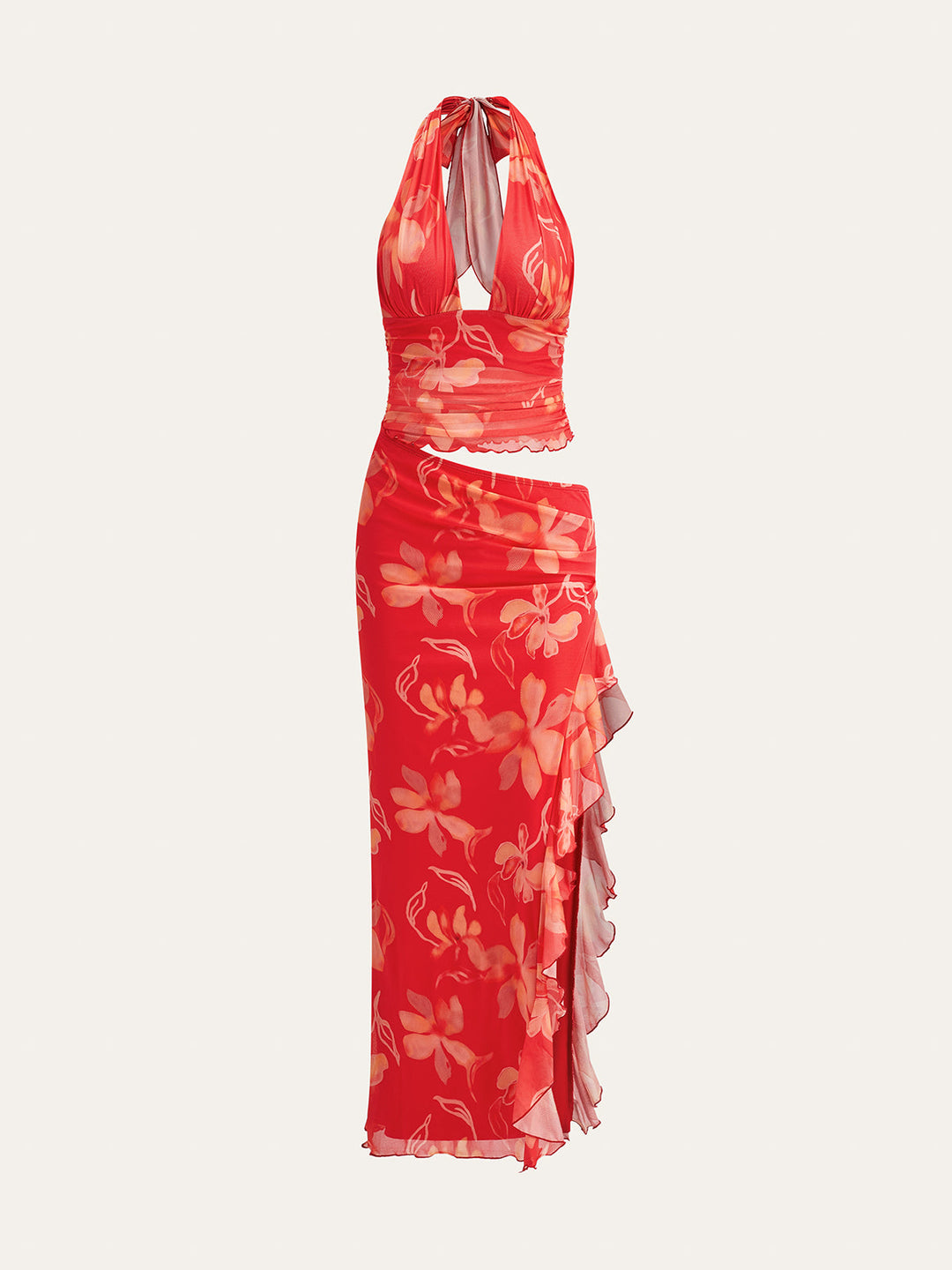 Robe Longue à Volants Semi-Transparente à Fleurs et à Bretelles