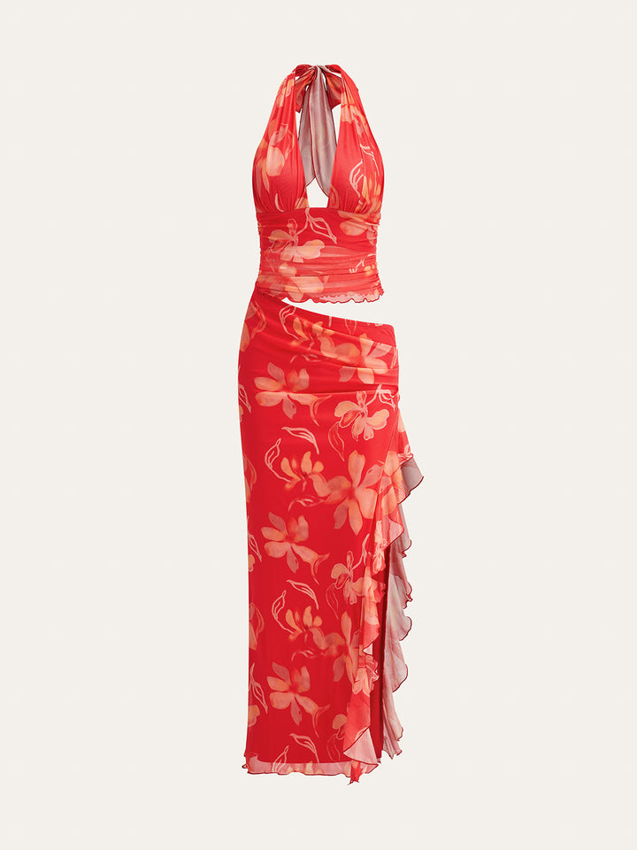 Robe Longue à Volants Semi-Transparente à Fleurs et à Bretelles