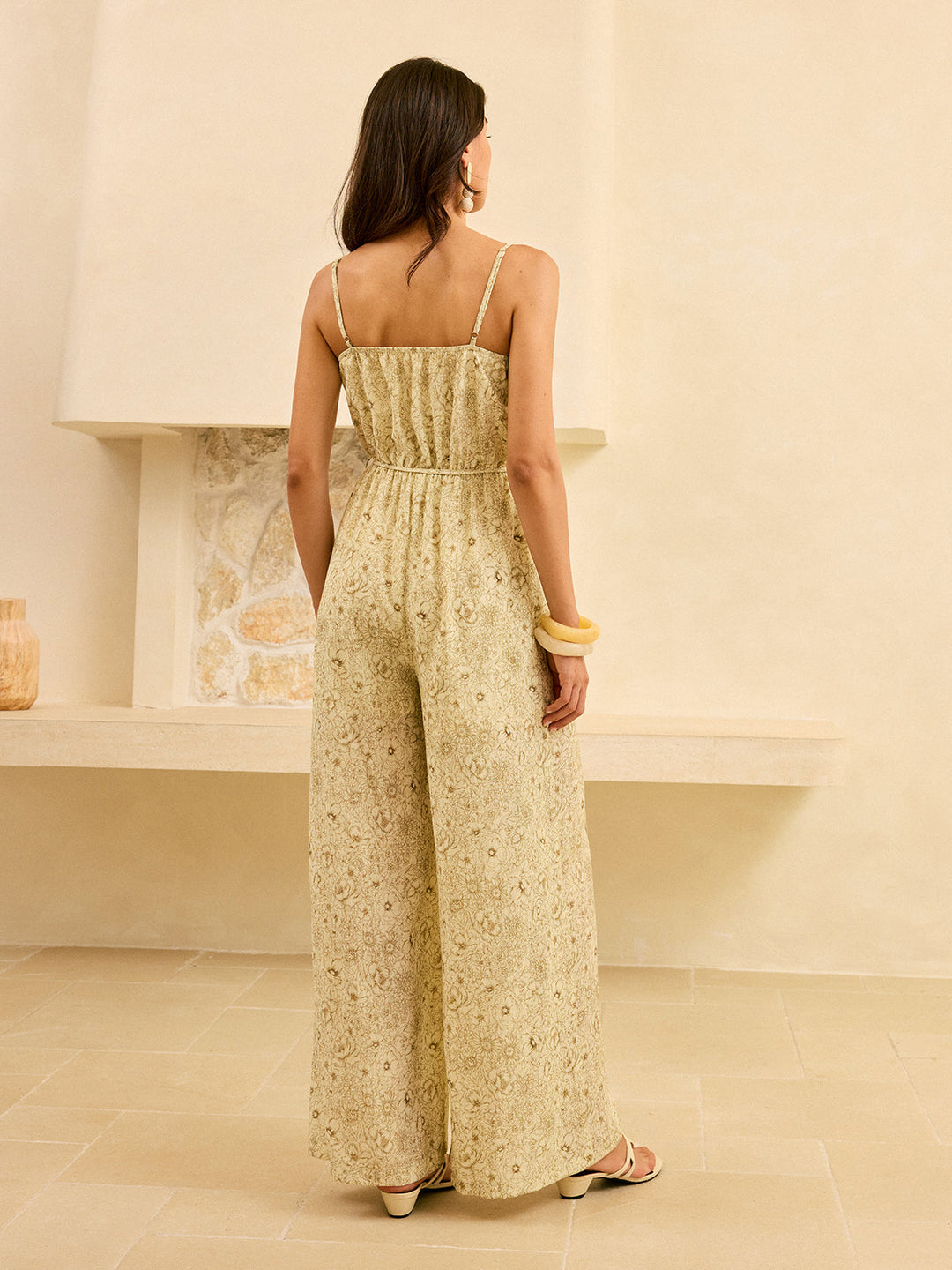 Combinaison ample à jambe large semi-transparente avec ceinture à nouer