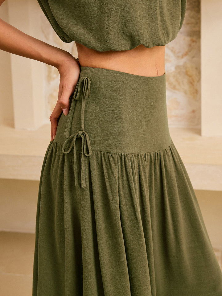 Ensemble Crop Top à Détail Cravate et Jupe Maxi Volantée