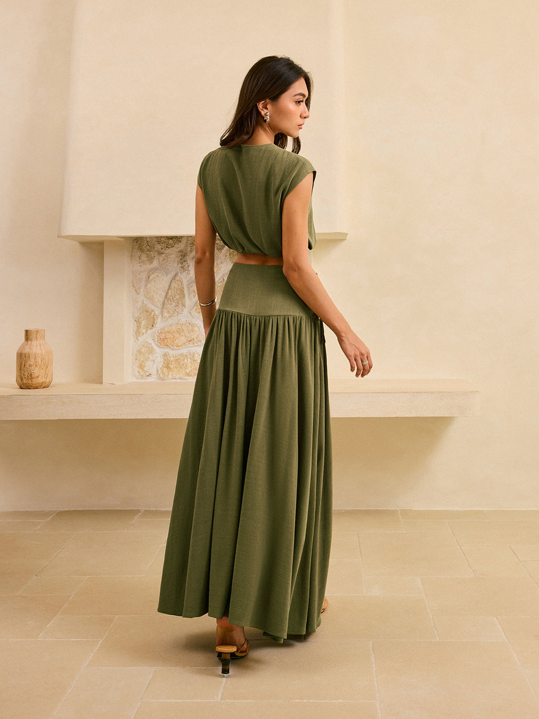 Ensemble Crop Top à Détail Cravate et Jupe Maxi Volantée