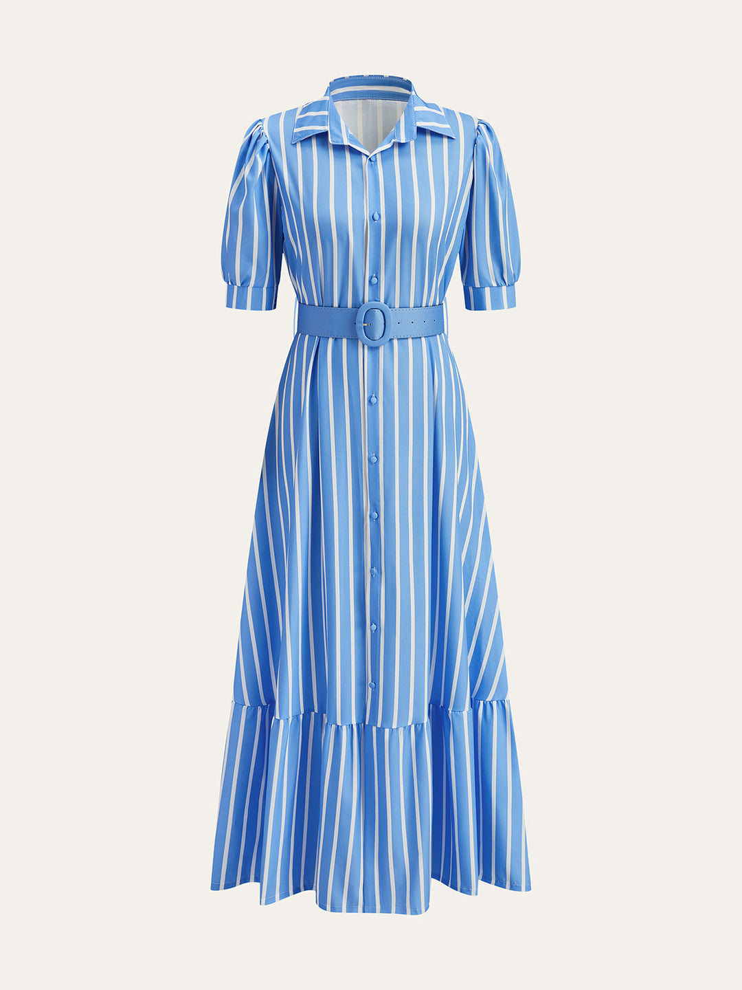 Robe Ceinturée à Rayures avec Manches Bouffantes