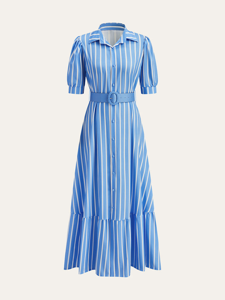 Robe Ceinturée à Rayures avec Manches Bouffantes