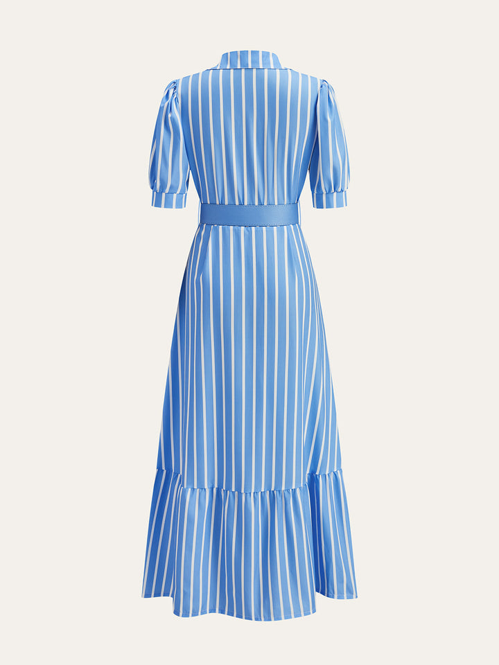 Robe Ceinturée à Rayures avec Manches Bouffantes