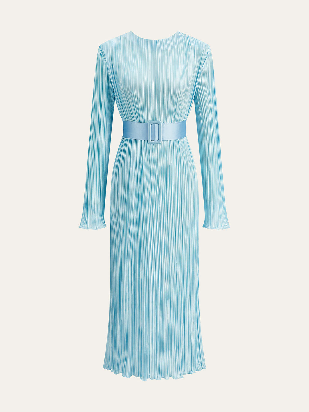 Robe mi-longue plissée à manches longues et ceinture semi-transparente