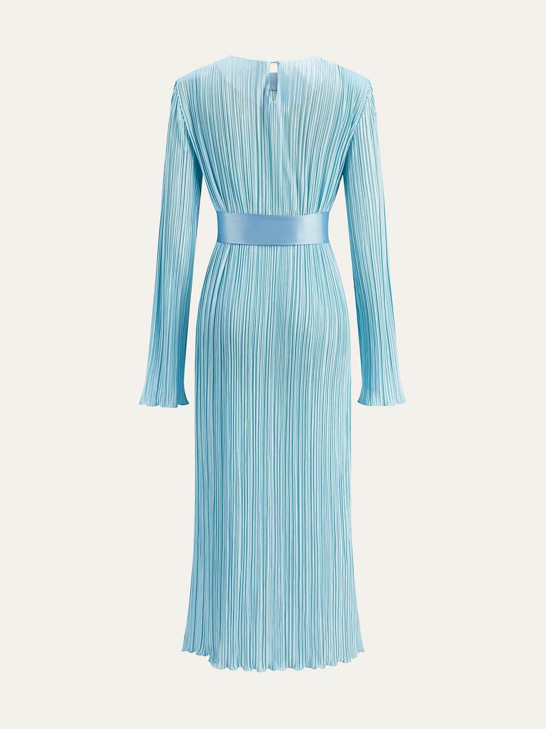 Robe mi-longue plissée à manches longues et ceinture semi-transparente
