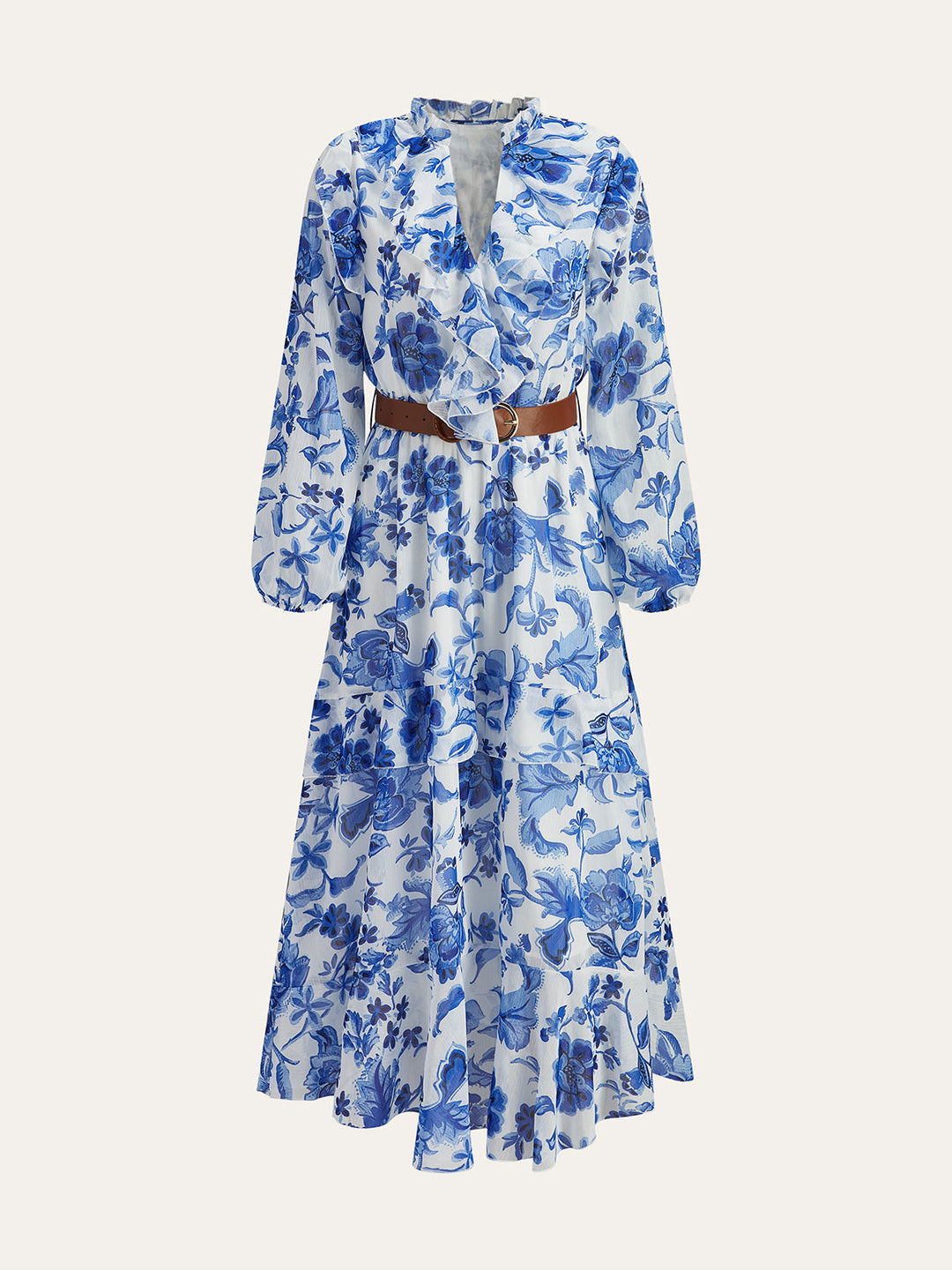 Robe Longue Ceinturée à Fleurs Volantées