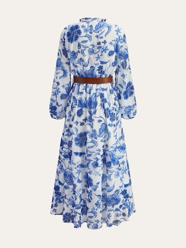 Robe Longue Ceinturée à Fleurs Volantées