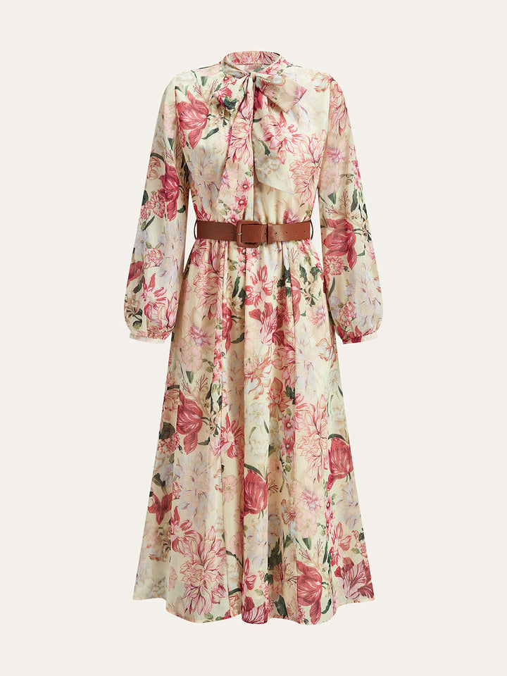 Robe Maxi à col nœud et ceinture imprimé floral