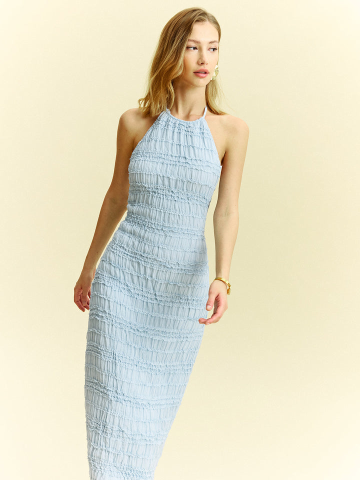 Robe Longue Texturée en Mousseline à Volants et Col Chaleur