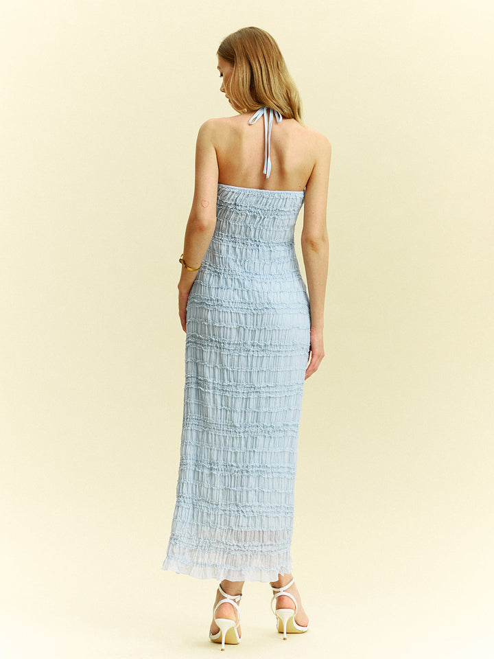 Robe Longue Texturée en Mousseline à Volants et Col Chaleur