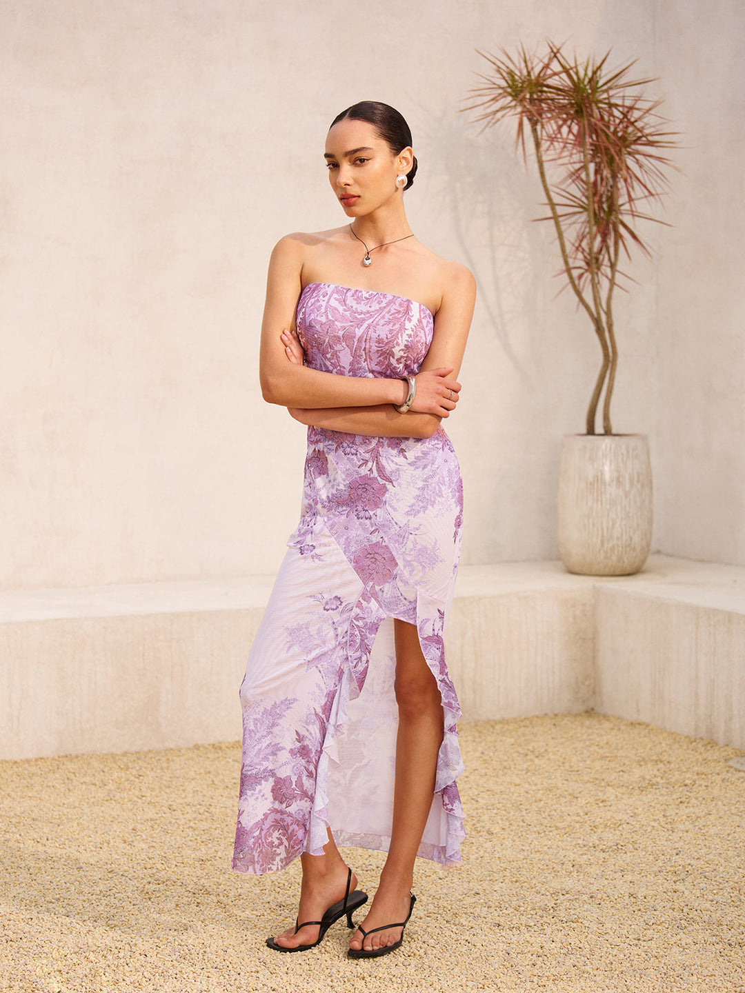 Robe Longue à Fleurs et Fente Sans Bretelles