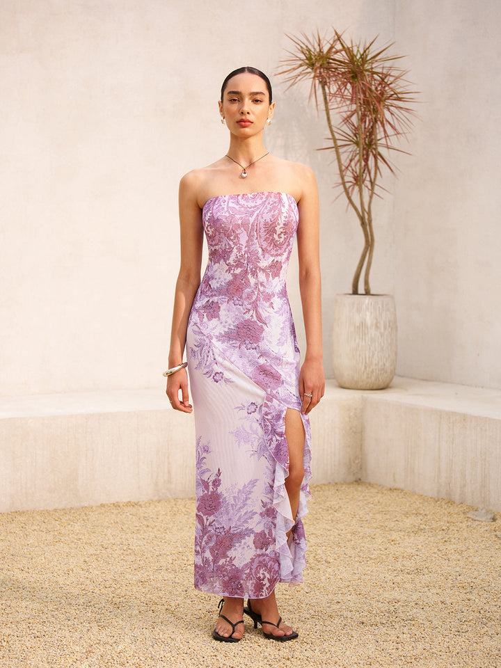 Robe Longue à Fleurs et Fente Sans Bretelles