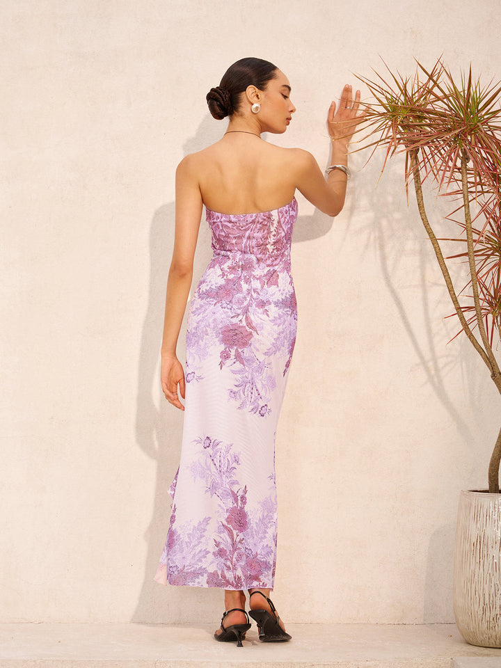 Robe Longue à Fleurs et Fente Sans Bretelles