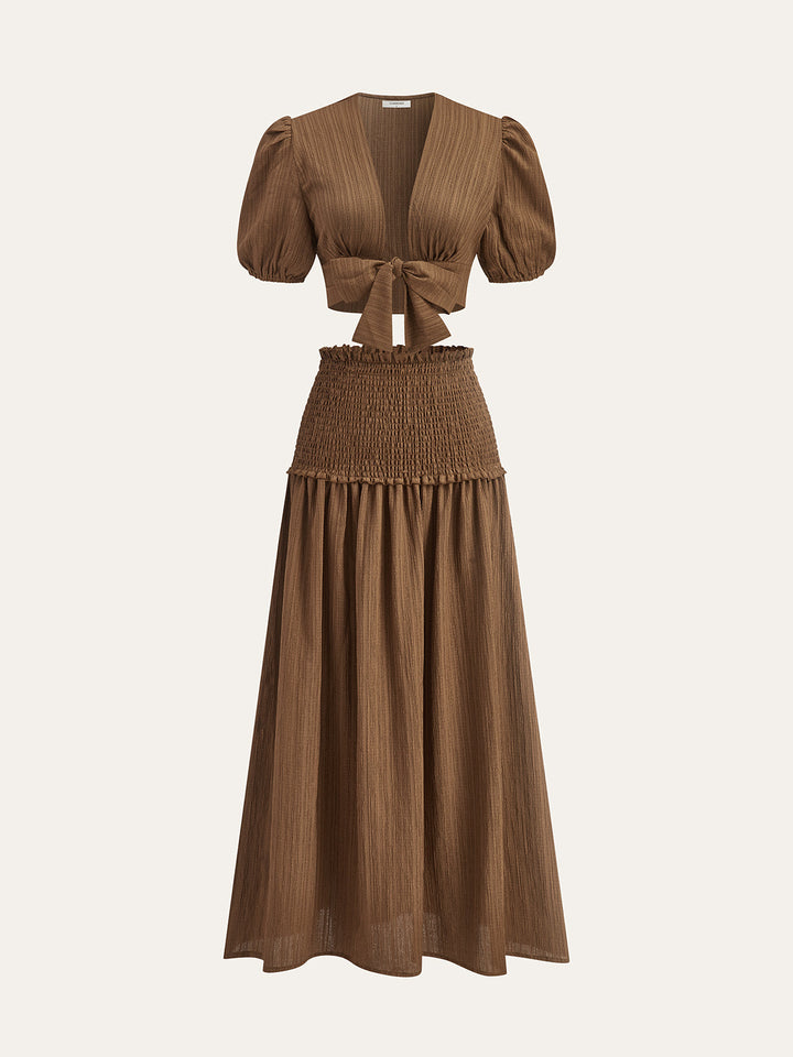Ensemble Top Court à Manches Bouffantes et Jupe Midi Smockée