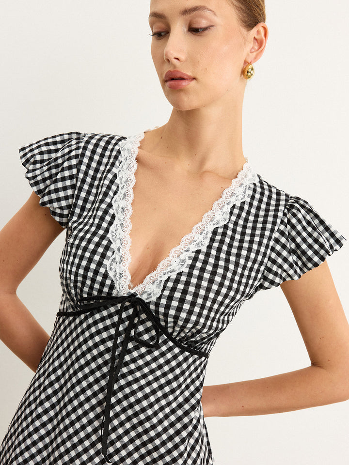 Robe Mi-longue à Bordure en Dentelle Vichy