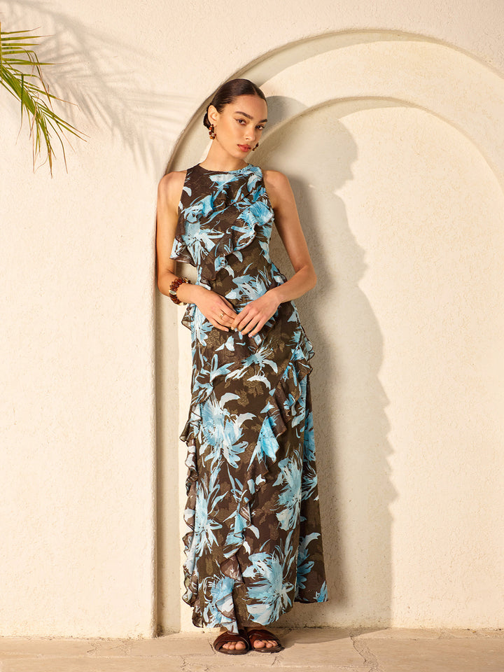 Robe mi-longue à imprimé floral et volants