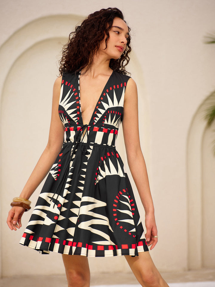 Robe Longue Vêtue à Taille Liée Avec Fermeture Éclair Sans Manches Imprimé Géométrique