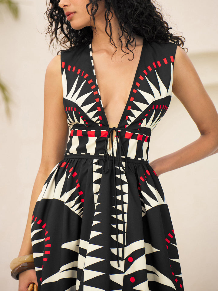 Robe Longue Vêtue à Taille Liée Avec Fermeture Éclair Sans Manches Imprimé Géométrique
