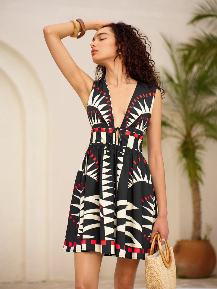 Robe Longue Vêtue à Taille Liée Avec Fermeture Éclair Sans Manches Imprimé Géométrique
