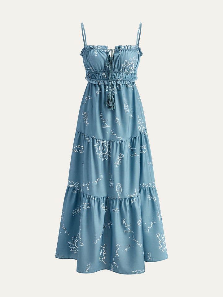 Robe Maxi à Bretelles Spaghetti Imprimée et à Volants