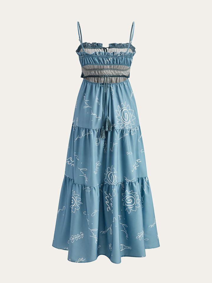 Robe Maxi à Bretelles Spaghetti Imprimée et à Volants