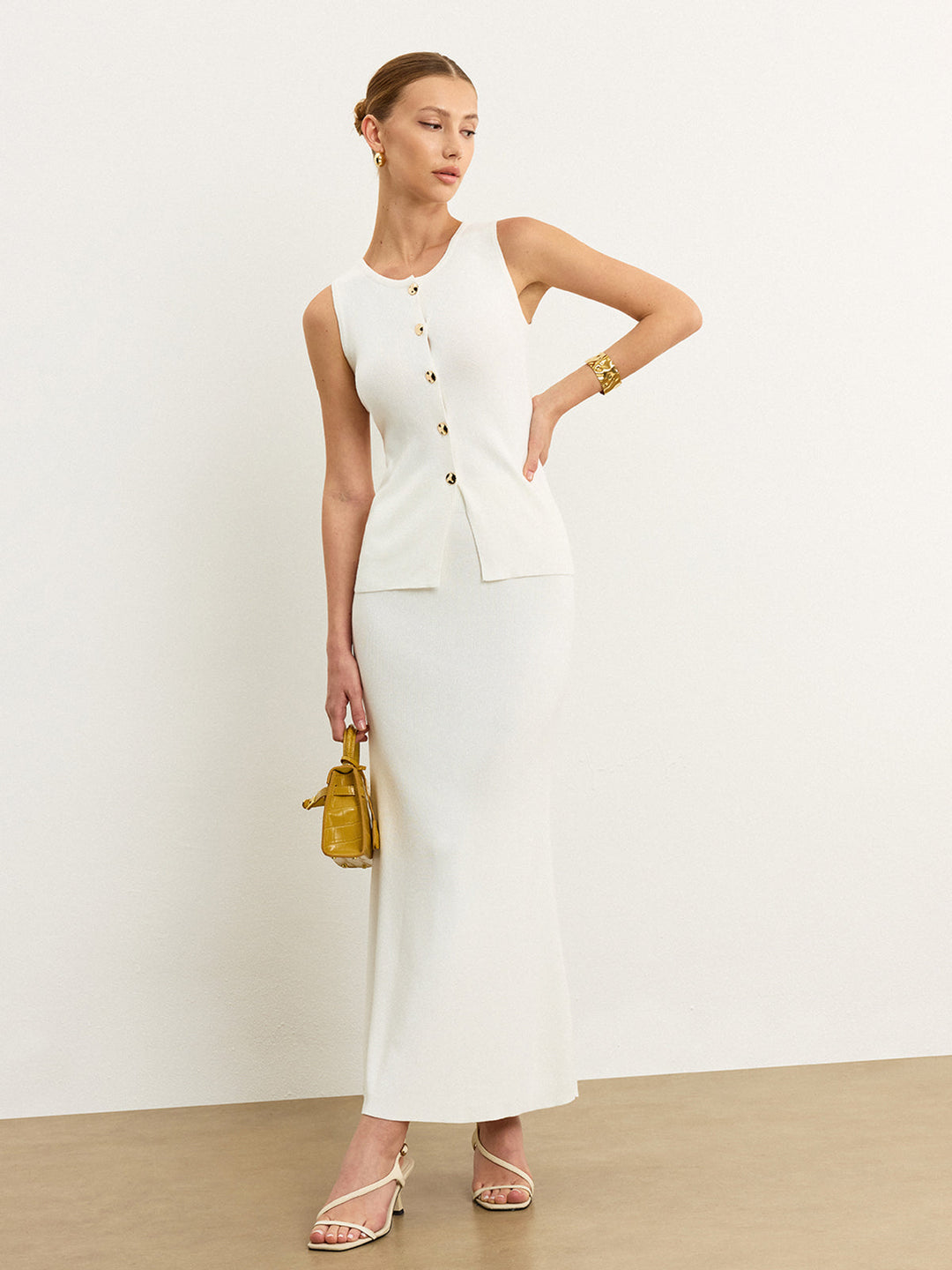 Ensemble Jupe Maille Boutonnée Sans Manches