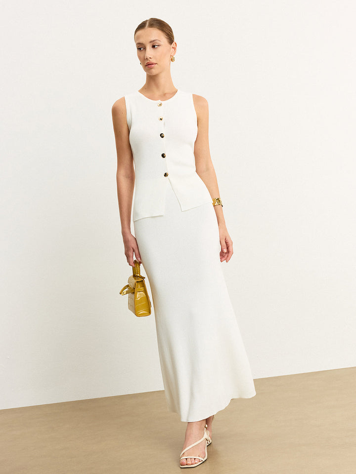 Ensemble Jupe Maille Boutonnée Sans Manches