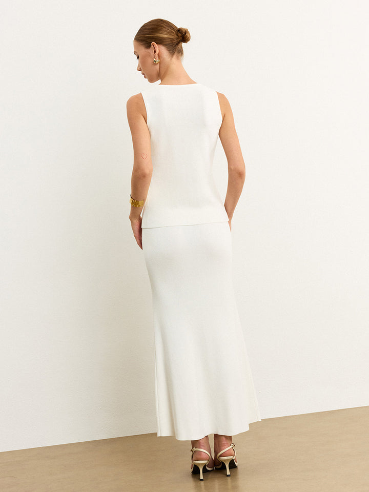 Ensemble Jupe Maille Boutonnée Sans Manches