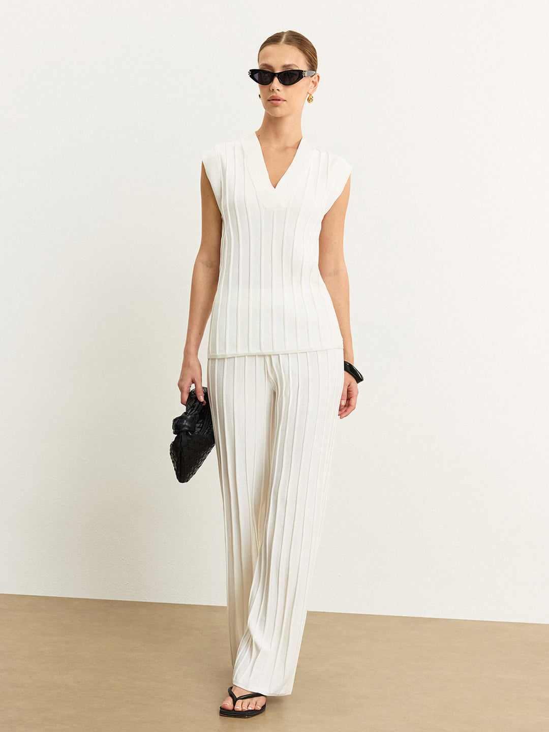 Pantalons en maille côtelée à taille mi-haute