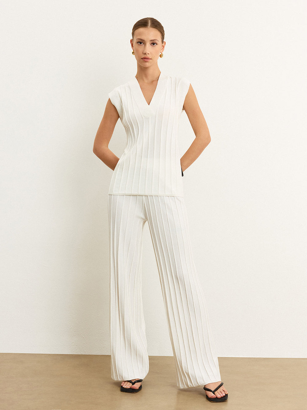 Pantalons en maille côtelée à taille mi-haute