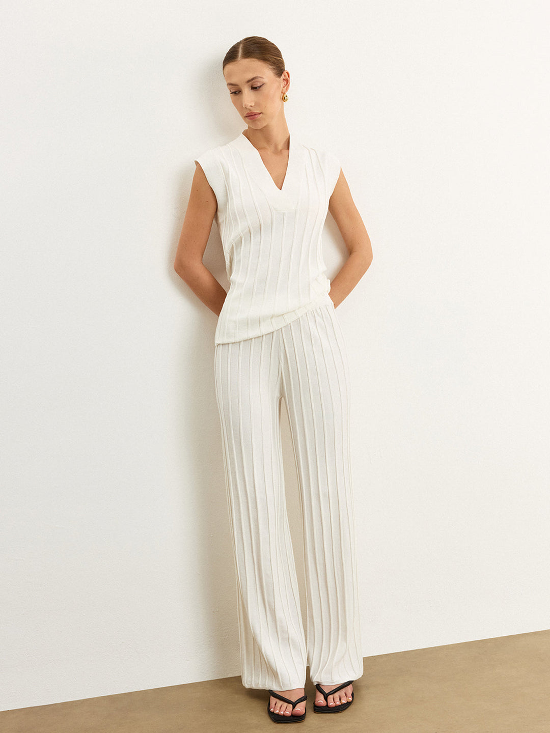 Pantalons en maille côtelée à taille mi-haute