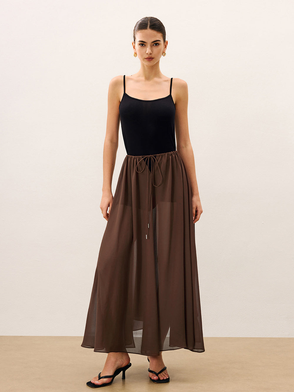 Blouse Semi Transparente en Mousseline Style Cape avec Détail Cravate