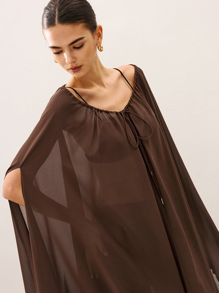 Blouse Semi Transparente en Mousseline Style Cape avec Détail Cravate