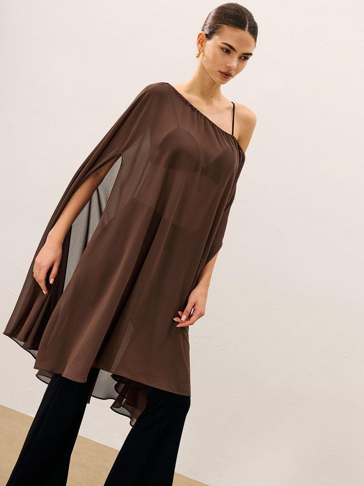 Blouse Semi Transparente en Mousseline Style Cape avec Détail Cravate