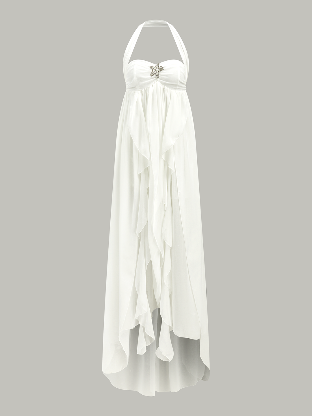 Robe Longue Col Montant à Volants Semi-Transparente Dos Nu