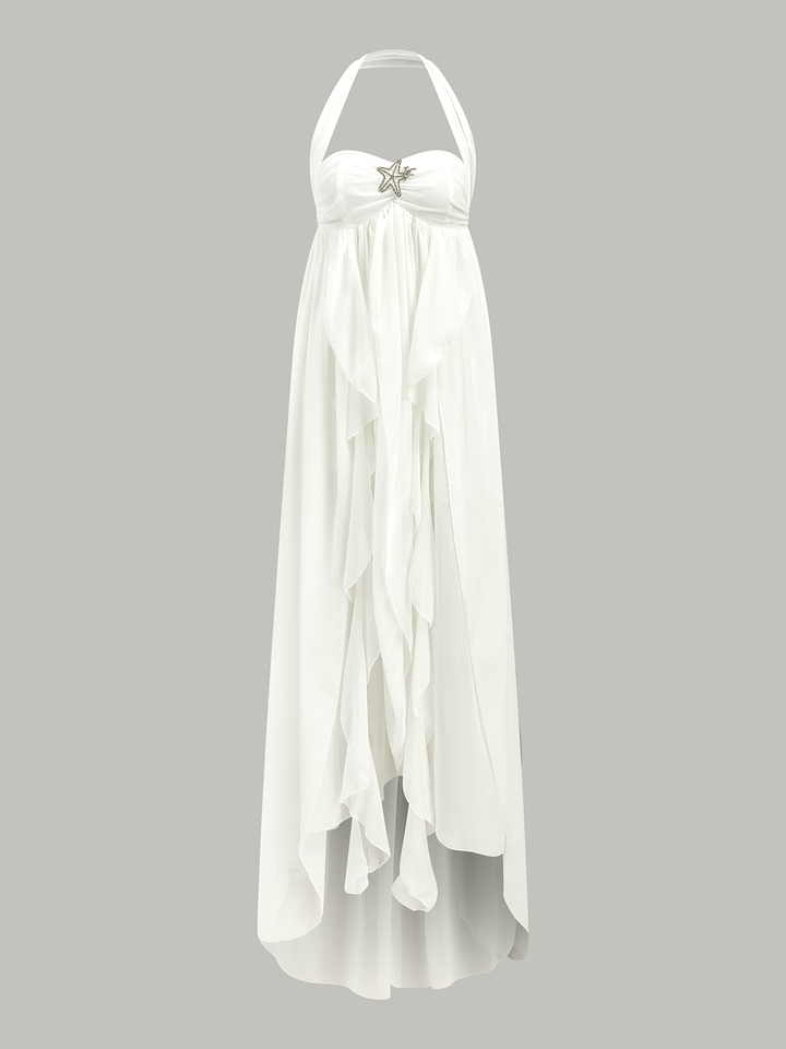 Robe Longue Col Montant à Volants Semi-Transparente Dos Nu