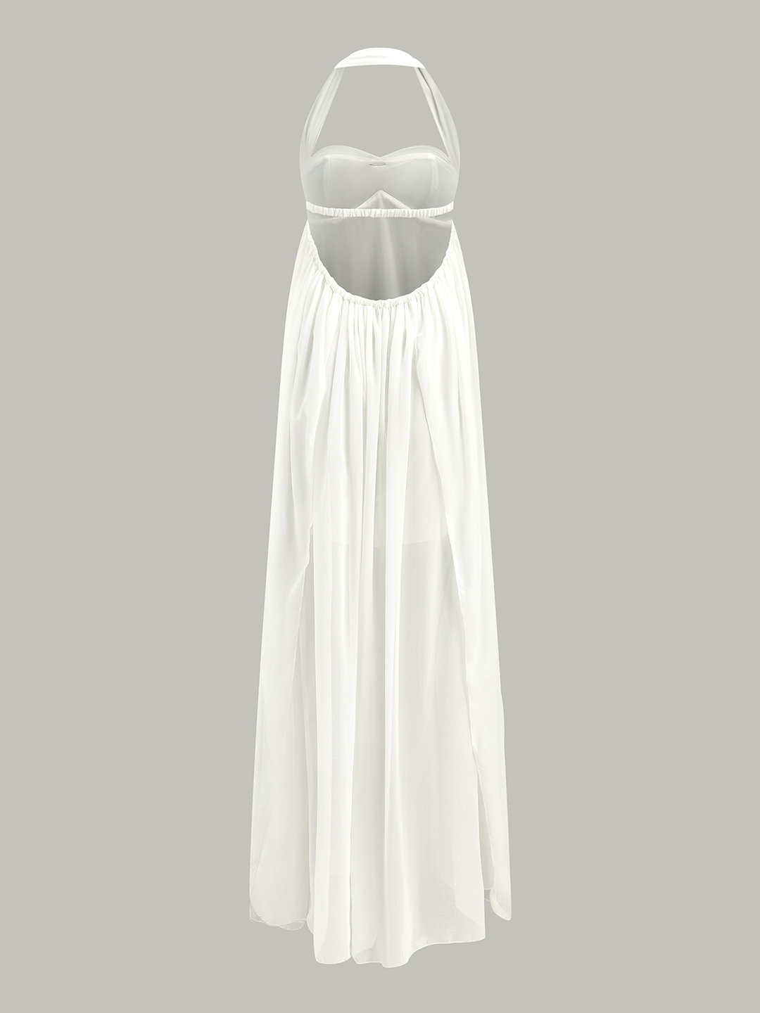 Robe Longue Col Montant à Volants Semi-Transparente Dos Nu