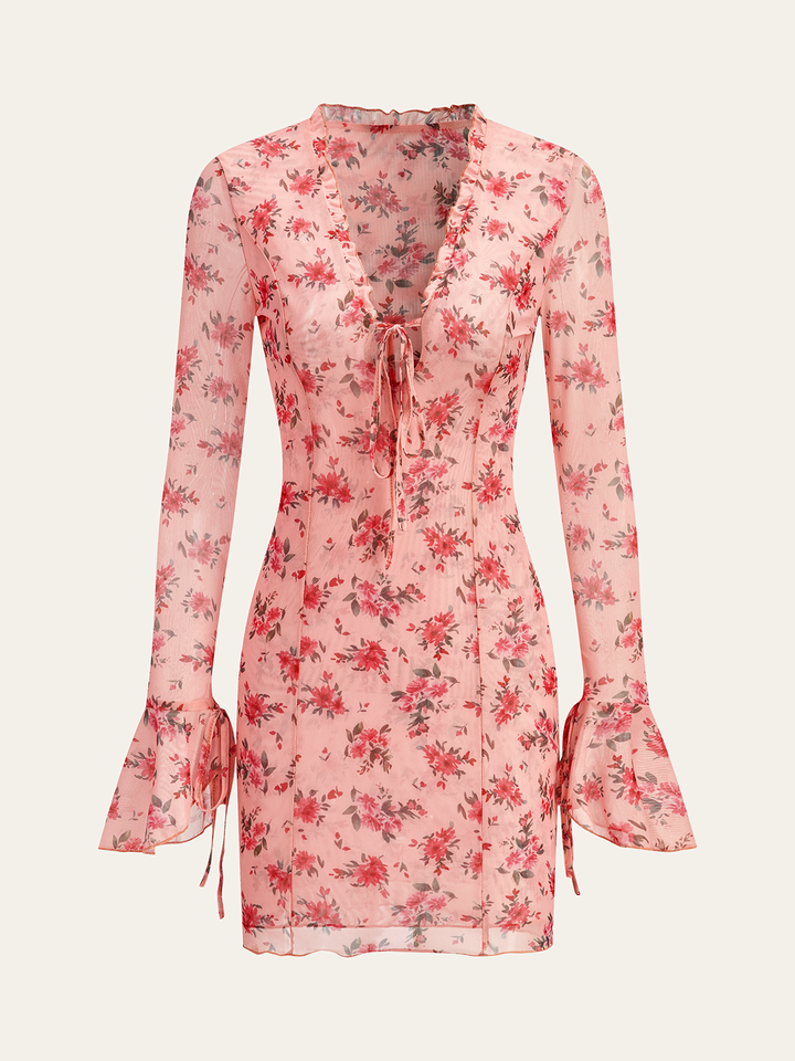 Robe Mi-transparente à col en V Profond Imprimée